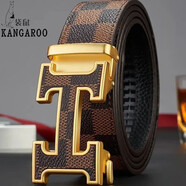 袋鼠（KANGAROO）2024新款男士休閑皮帶百搭真牛皮自動扣時尚腰帶中青年純牛皮褲帶 格紋整版H金扣-咖色帶身 110cm (90-140斤)