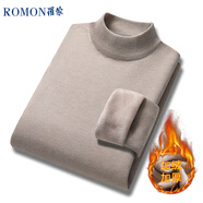 羅蒙（ROMON）男士半高領(lǐng)套頭毛衣加絨加厚打底針織衫休閑上衣外套男卡其色2XL