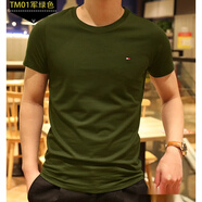 Tommy Boy美國(guó)TOMMY夏季新款湯米短袖t恤男純棉刺繡修身圓領(lǐng)打底衫T恤上衣 軍綠色 TM01 S 建議110-120斤穿