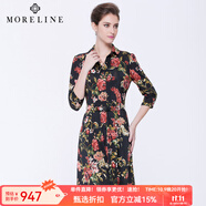 沐蘭MORELINE修身印花連衣裙長(zhǎng)袖中長(zhǎng)款熟女及膝名媛熟女連衣裙5621103 圖片色 M 38