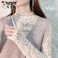 啄木鳥(niǎo)半高領(lǐng)蕾絲打底衫女2024秋冬新款洋氣毛衣內搭感網(wǎng)紗上衣小衫 杏色【漂亮時(shí)尚雪紡衫/蕾絲上衣 XL建議 130-145斤