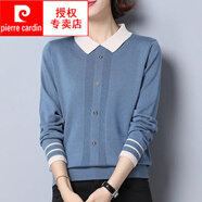 皮爾卡丹（pierre cardin）毛衫冬季新款加絨加厚毛衣中年翻領(lǐng)針織衫保暖帶領(lǐng)毛衣女打底衫 藍色  XL 建議120-130斤