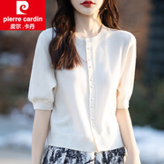 皮爾卡丹（pierre cardin）法式針織開衫短袖女精致珍珠紐扣圓領(lǐng)半袖春夏寬松毛衣外套女裝夏 白色 L