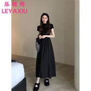 樂雅秀半高領(lǐng)短袖修身黑色連衣裙女2025夏季新款感收腰A字長裙度假裙子 黑色 M 95-105斤