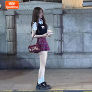 婍妡（Qeeshine）美式學(xué)院風(fēng)套裝女夏季jk制服修身設(shè)計(jì)感小眾半身裙子兩件套 假兩件上衣+百褶格子裙【兩件套 S 建議90斤內(nèi)