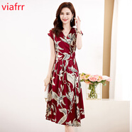 VIAFRR氣質(zhì)印花連衣裙2025夏上新時(shí)尚潮流立體拼接剪裁收腰顯瘦A字裙子 紅色 L
