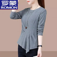 羅蒙（ROMON）【純棉】2024年新款時尚洋氣褶皺顯瘦不規(guī)則長袖T恤春季上衣女 灰色 無圖案【款】長袖 2XL 建議(125-145斤)