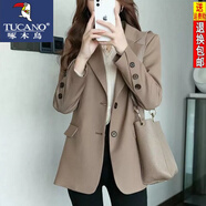 啄木鳥(niǎo)高檔品質(zhì)西裝外套女23春秋新款休閑中長(zhǎng)寬松單排扣免燙外套西服職 卡其色 L 建議115-125斤