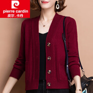 皮爾卡丹（pierre cardin）2024新款中年開衫毛衣外套紅色羊毛衫女寬松秋冬季針織衫外搭 酒紅 5XL 建議170-185斤