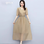 QIYUN品牌女裝 新款天絲連衣裙女2024年新款夏季品牌高端歐貨氣質(zhì)長(cháng)裙 卡其色 XL 【建議115-124斤】