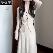 圣保美小香風(fēng)針織連衣裙女秋冬季2025新款高級感韓系穿搭長(cháng)裙子兩件套裝 杏色套裝 S