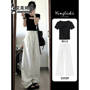 艾美琦美（AIMEIQIMEI）新款夏裝鹽系穿搭女2024年時(shí)尚女裝減齡高腰顯瘦闊腿褲套裝兩件套 上衣+休閑褲 S