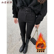 美安嘉黑色高腰小腳牛仔褲女秋冬加絨小個(gè)子修身彈力顯瘦九分緊身鉛筆褲 黑色 加絨【絨 抗冷】 加厚 S