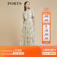 PORTS寶姿商場同款2022春夏新款女裝“絢爛夏花”印花連衣長裙 亞麻淺金印花 M (6)