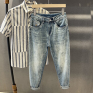 GUANGAN AEPE復古淺藍色九分牛仔褲男歐美高端水洗磨白修身小腳彈力9分褲薄款 懷舊藍色 30 【115-125斤】