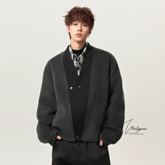 V37美式復古雙排扣短款毛呢大衣男秋冬季潮流老錢(qián)風(fēng)寬松簡(jiǎn)約外套 黑色 M