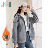 Halo Queen加絨外套女秋冬保暖衛(wèi)衣外套口袋連帽花邊開衫上衣H144U4006
