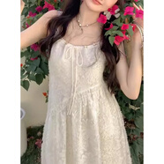 junfangya2024夏季新款暈染碎花白色吊帶裙女春秋長款抽繩連衣裙 米色 S