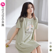 芬騰睡裙女夏純棉短袖圓領(lǐng)可愛睡衣薄款大碼全棉家居服連衣裙短裙 X98424806草綠 XL 建議:125-145斤