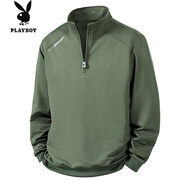 花花公子（PLAYBOY）拉鏈半開(kāi)胸半拉鏈衛衣男半高領(lǐng)休閑衛衣男立領(lǐng)套頭長(cháng)袖恤男打底衫 軍綠色 L