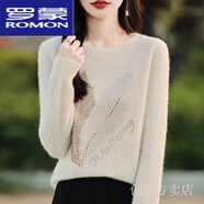 羅蒙（ROMON）媽媽減齡春秋裝針織衫女士鑲鉆圓領(lǐng)毛衣百搭寬松上衣羊毛衫打底衫 米色 【高端羊毛品質(zhì)*鳳凰羽】 M 【80-100斤】