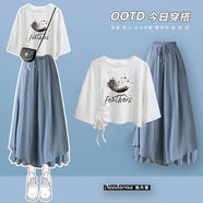 喜詩(shī)萊（CESLAY）夏季女裝套裝韓版休閑裙褲短袖T恤韓版學(xué)院風(fēng)高腰設計氣質(zhì)兩件套 羽毛T恤+藍褲裙 836# M 建議95-110斤