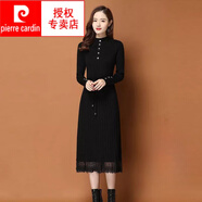 皮爾卡丹（pierre cardin）加絨加厚秋冬新款系帶毛衣裙中長款過膝顯瘦針織衫打底連衣裙女裝 黑色 3XL 建議130-150斤