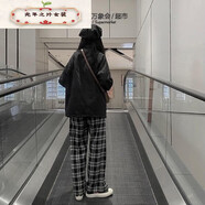 南啵丸黑色格子運(yùn)動(dòng)休閑褲女春秋薄款寬松2024高腰直簡(jiǎn)垂感闊腿長(zhǎng)褲 黑白格子555 S _80-95斤