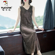 啄木鳥(niǎo)夏季連衣裙女2025新款長(cháng)款背心裙無(wú)袖吊帶裙女春秋貴夫人大尺碼胖 金色亮絲 L 100-115