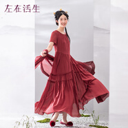 生活在左生活在左嬰兒棉系列夏季圓領(lǐng)寬松顯瘦短袖連衣裙氣質(zhì)長(cháng)裙 胭脂紅 S