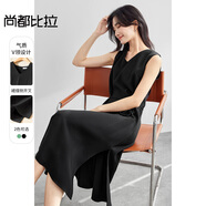 尚都比拉秋季新款輕熟風收腰顯瘦無袖V領(lǐng)開衩連衣裙女 黑色 M