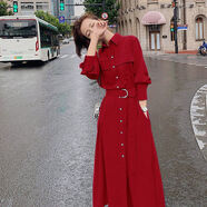 韋戒韓版連衣裙遮肚子寬松版2024赫本風連衣裙女2024年春秋新款法式復 酒紅色（春秋長袖） S  建議（85-105斤）