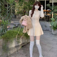 WANGJIANG辣妹性感純色修身長(zhǎng)袖內(nèi)搭打底針織連衣裙女秋冬小個(gè)子百褶裙 杏色 均碼