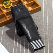 G.DUCKKIDS女童皮褲打底褲秋冬款兒童鯊魚褲寶寶外穿加絨加厚褲子保暖一體絨 黑色螺紋(一體絨) 170 5碼(80cm-90cm)