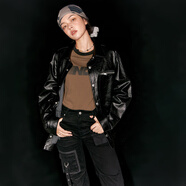 NO ONE ELSE仿PU皮襯衫男女款2026春季新品拉鏈口袋襯衣長(cháng)袖上衣 黑色 2