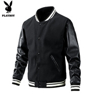 花花公子（PLAYBOY）高端新款夾克男秋冬時(shí)尚美式棒球服男款毛呢pu袖男士外套休閑男裝 黑-黑色 XL