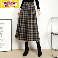 初徑毛呢百褶裙女中長(cháng)款格子半身裙秋冬2025新款高腰復古字裙長(cháng)裙子 咖啡格 30 腰圍2尺3