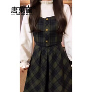 唐菓蜜新款連衣裙女2023秋冬女裝韓系甜美學(xué)院風(fēng)背帶裙復古減齡套裝裙子 單上衣 XL
