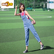 初徑牛仔背帶褲女秋季新款韓版寬松女學(xué)生百搭顯瘦學(xué)院風(fēng)吊帶九分褲潮 淺藍色  L 建議105-120斤