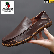 西域駱駝（VANCAMEL）真皮牛筋底男鞋中年老爸爸豆豆鞋休閑男士夏款透氣軟底軟皮鞋男 暗棕 41