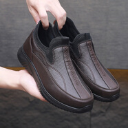 布瑞京秋季男單鞋老北京布鞋仿皮防水透氣布面中老年爸爸鞋寬松大碼男鞋 咖色 41