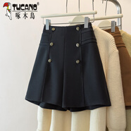 啄木鳥(niǎo)大碼配靴子毛呢短褲女2025新款冬季外穿胖美眉高腰遮肉a字闊腿褲 黑色【垂感窄版/梨形身材穿搭/微胖女生/寬松/小個(gè) L