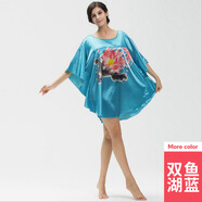 上海故事睡裙女夏季冰絲睡裙性感蝙蝠袖寬松大板短裙睡衣仿真絲家居服女裝 雙魚湖藍 均碼