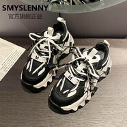 Smyslenny輕奢侈新品牌男鞋白色運動鞋休閑男士厚底增高鞋子情侶學(xué)生透氣潮 潮流款黑白色 667腳寬拍大一碼 35