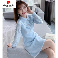 皮爾卡丹（pierre cardin）加絨加厚2024秋冬新款女修身娃娃領(lǐng)針織毛呢連衣裙小個子打底短裙 藍色 S