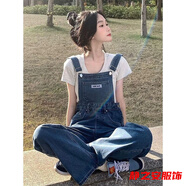 瑪菲萱復古牛仔背帶褲女秋冬寬松高腰直筒闊腿褲女吊帶褲小個(gè)子拖地褲子 深藍色 背帶褲 S 160
