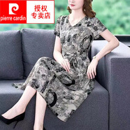 皮爾卡丹（pierre cardin）仿真絲連衣裙女裝桑蠶絲氣質(zhì)V領(lǐng)印花連衣裙2025夏季時(shí)尚修身裙子 圖片色 4XL