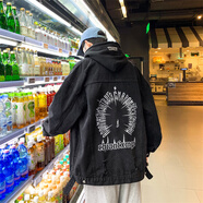良茨胖子大碼牛仔外套男春秋棒球服潮牌牛仔夾克寬松大碼套裝夾克男 1103-3-JK975黑色 5XL 205-240斤