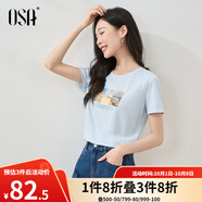 歐莎（OSA）白色短款T恤女士夏季新款衣服短袖印花顯瘦正肩上衣體恤修身 淺藍色 XS