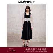 MAXRIENY法式宮廷復古風(fēng)拼接蕾絲絲絨連衣裙冬季新款收腰裙子 黑色 L 03